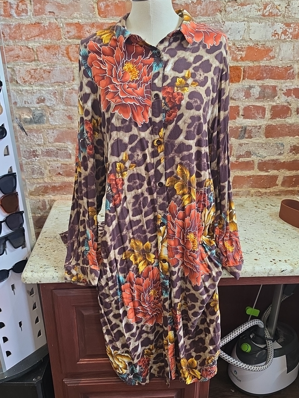 Brown Leopard Midi Dress with Rust Floral Accents - 1542